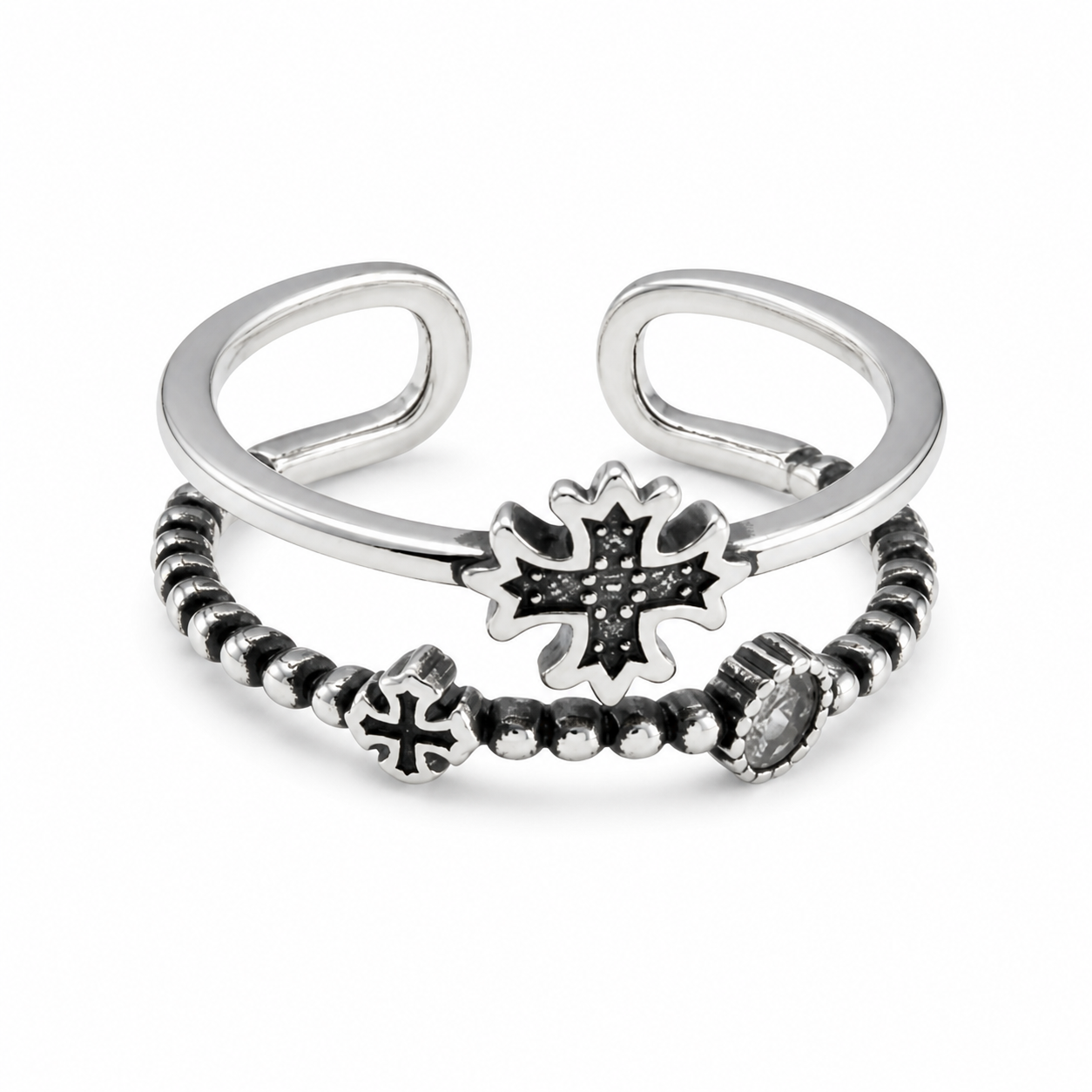Antique Oxidized Silver Double Band Cross Beaded Open Adjustable Ring For Women Men, Copper Plated Clear CZ Gothic Punk Stackable Biker Jewelry Gift