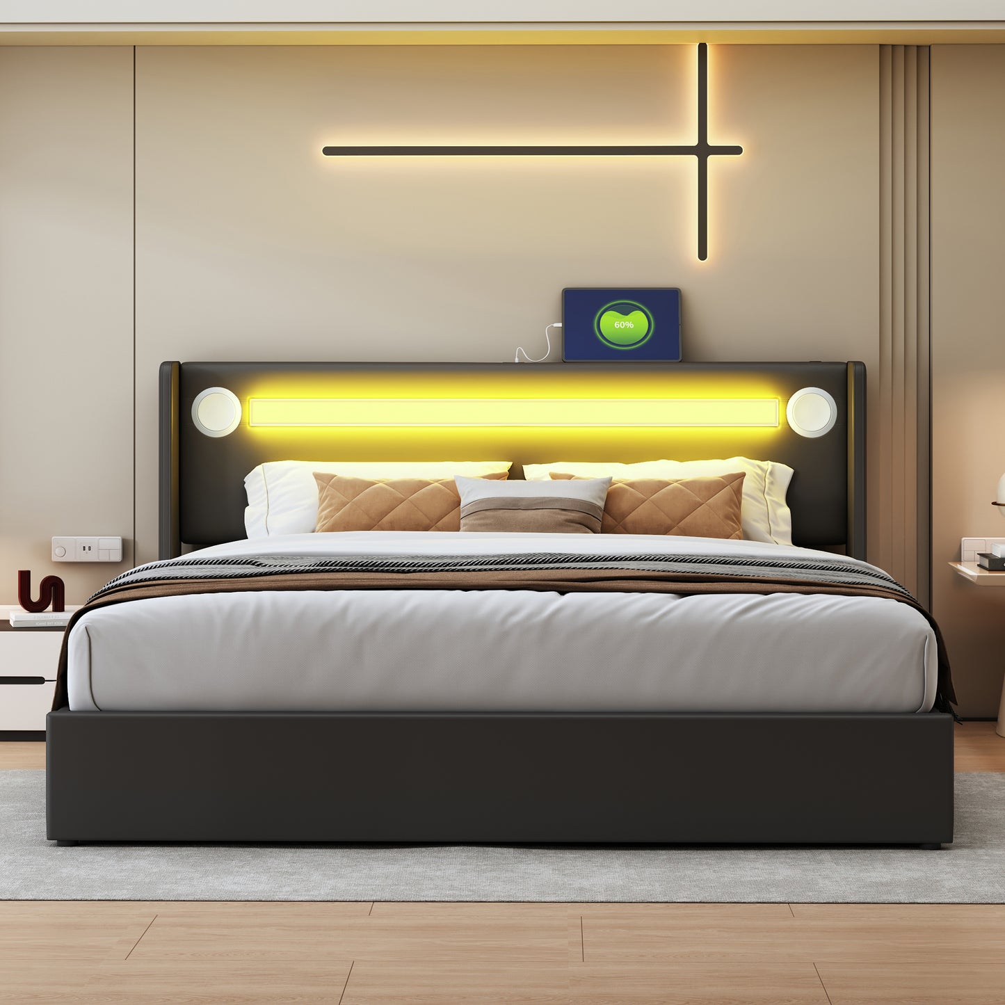 Upholstered Bed 160x200 Bed With LED Light Strip, Bluetooth Player And USB Charging, Storage Bed Made Of PU Leather, Loft Bed Box, Double Bed With Slatted Frame Black