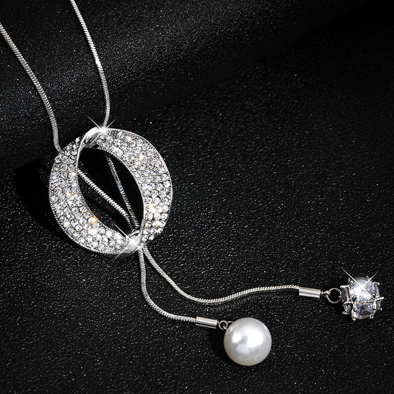 Korean Style Long Sweater Chain For Women, Minimal Oval Pearl Zircon Pendant Necklace, Elegant Autumn Winter Versatile Fashion Jewelry Wholesale