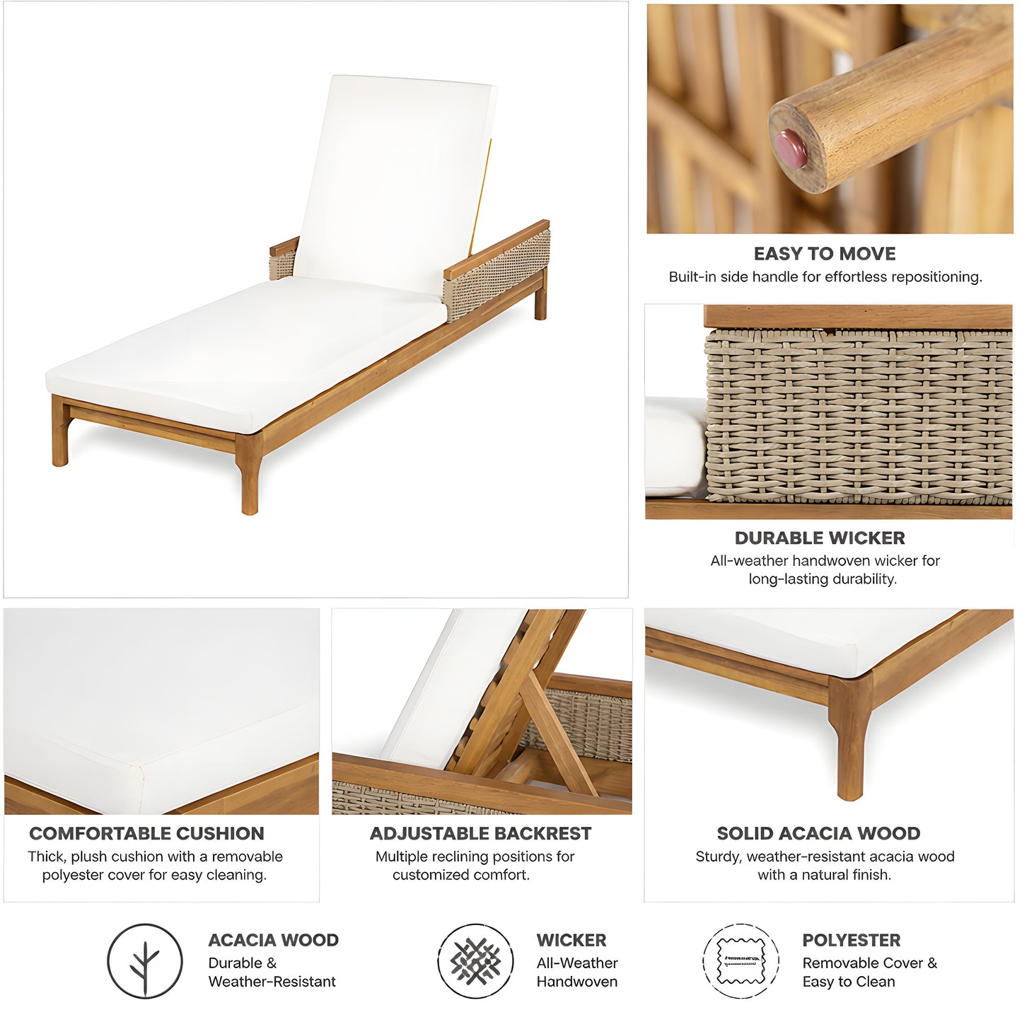 76.8 Solid Acacia Wood Sun Chaise Lounger Set Of 2, Outdoor Patio Furniture With Beige Cushions And Light Grey Wicker For Garden, Deck, Poolside Relaxation,Natural Beige Cushion