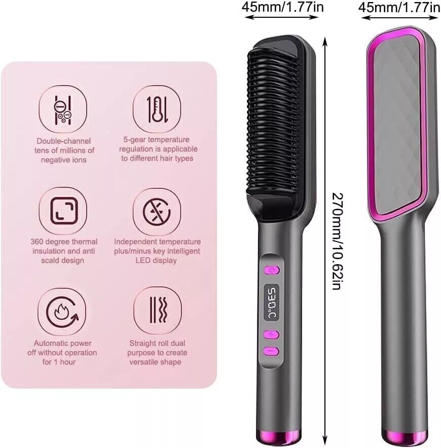 2in1 Negative-ion Hair Straightener Brush Curling Salon Styling Comb Ceramic New--Grey