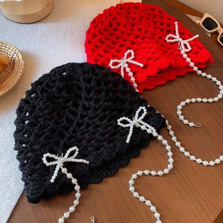 Korean-style Detachable Pearl Bow Knitted Hat