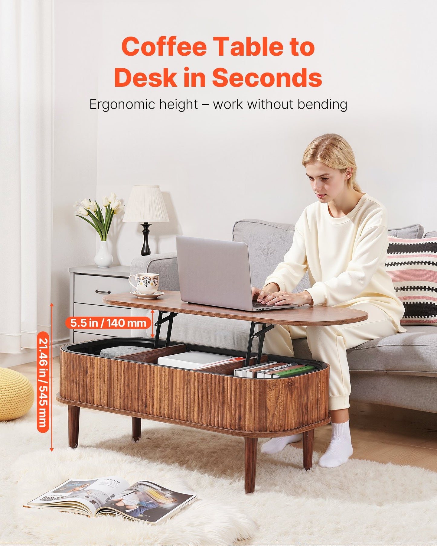 39.4 In Lift Top Coffee Table, Fluted Oval Coffee Table With 3 Hidden Compartment, Mid Century Wooden Oval Center Desk With Storage, Lift Up Tabletop For Home & Office, Easy Assembly, Walnut