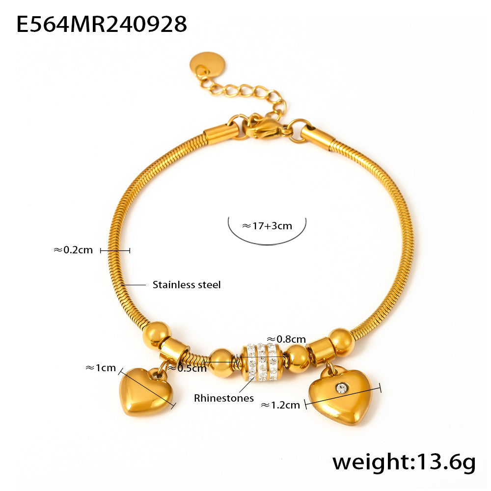 Double Heart Charm Soft Snake Chain Bracelet With Czech Rhinestones And Multiple Accessories