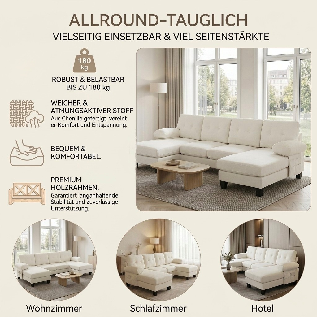 4 Seater U-Shaped Sofa With Chaise Longue, Modern Chenille Upholstered Sofa, Sofa Bed With Adjustable Backrest, Guest Sofa For Living Room & Office, Beige