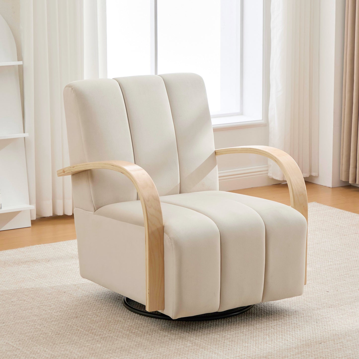 30.7 W Modern Upholstered 360 Swivel Accent Chair With Solid Wood Armrests And Comfy Channel Tufted Lounge Reading Chair, Single Sofa Armchair For Hotel Bedroom Living Room Office And Bedroom. Beige