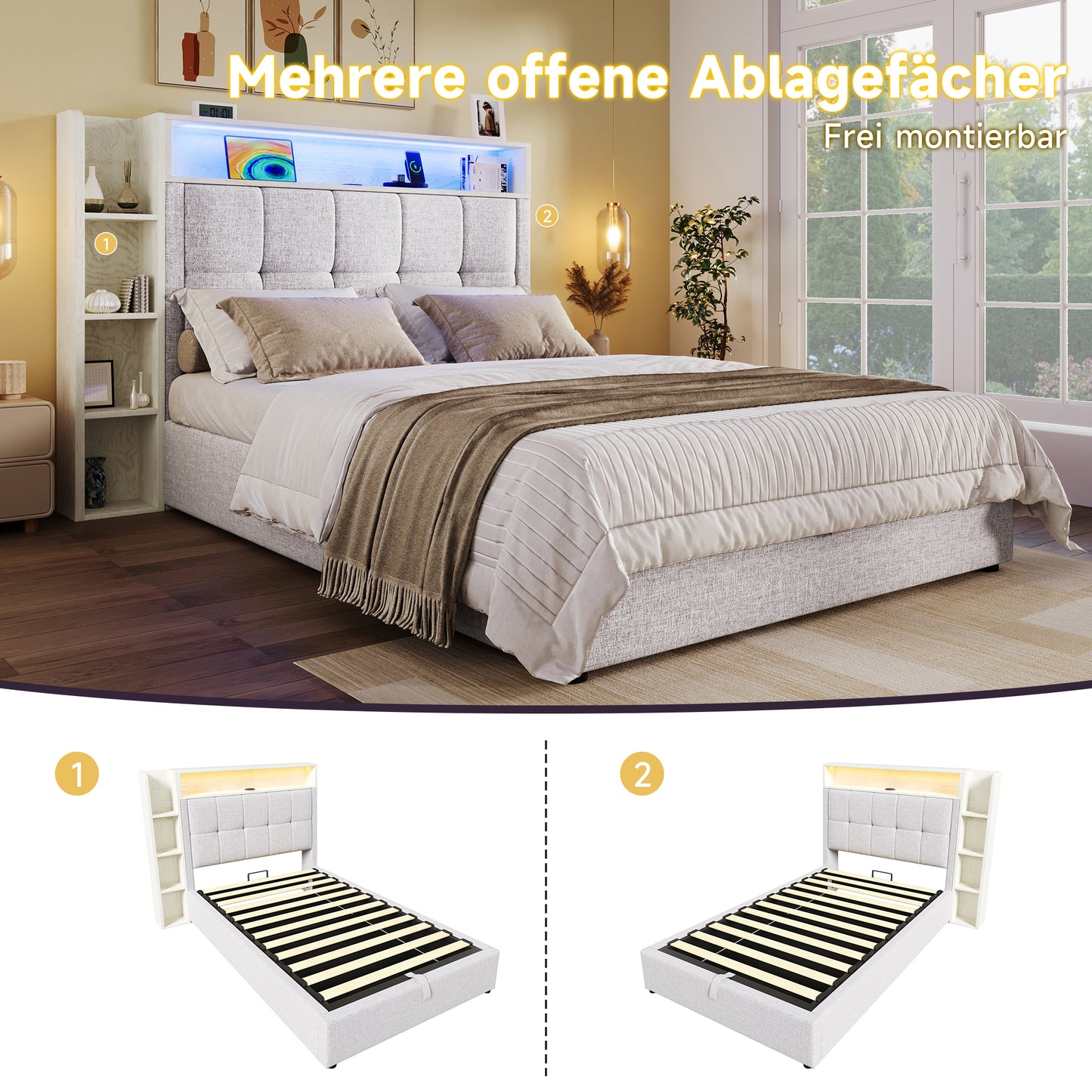 Upholstered Bed , 90x200 Cm, With USB Type-C Charging Function, Without Mattress, Multifunctional Storage, LED Lighting, Pushbutton Appdien,Linen, Beige