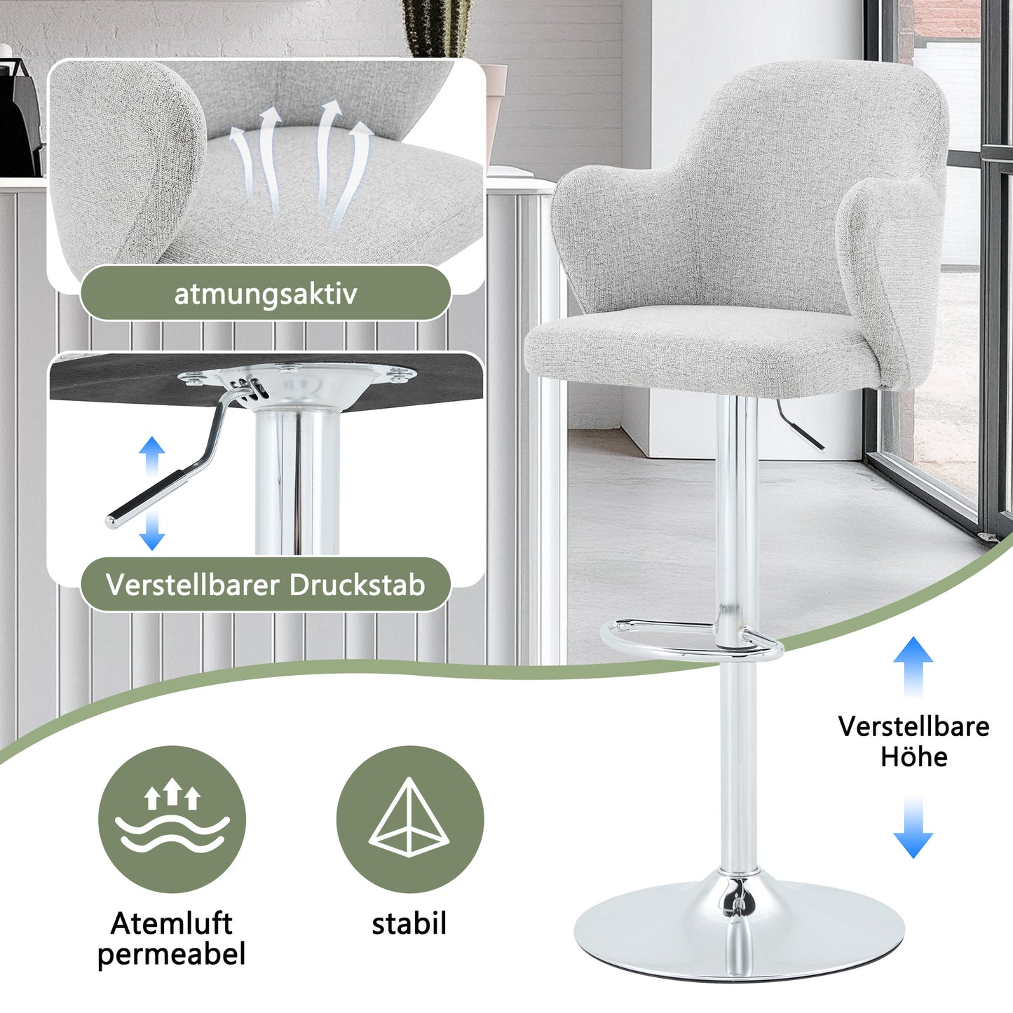Adjustable Bar Stool Set Set Of 2 , Modern Upholstered Bar Stools With Armrests, Can Be Rotated 360 , Height Adjustable, Suitable For The Bar At Home And For Restaurants