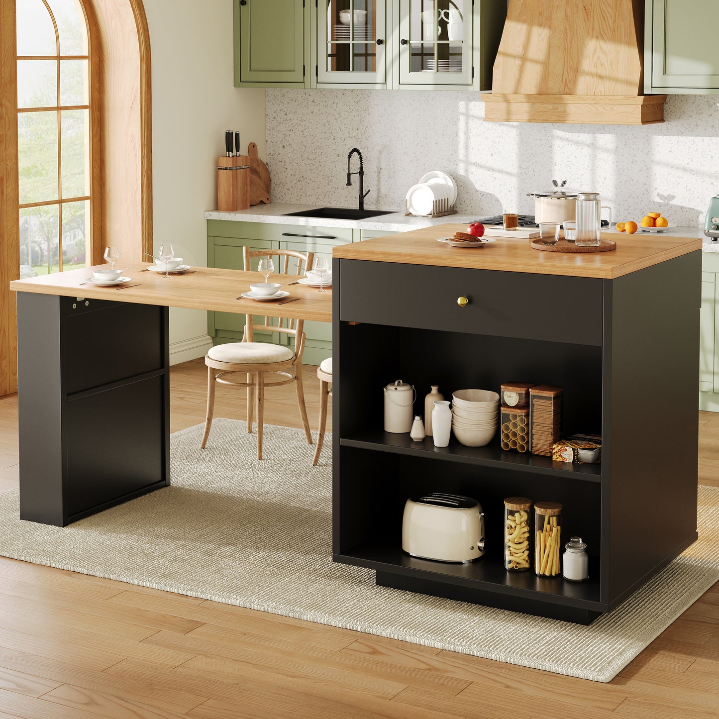 Extendable Bar Table With Storage 122.5-195.5x70x93.5cm , With Four Drawers And Curved Glass Door, Kitchen Island With Extendable Table, LED Color Light, For 2-6 People, Kitchen Dining Cart With Side
