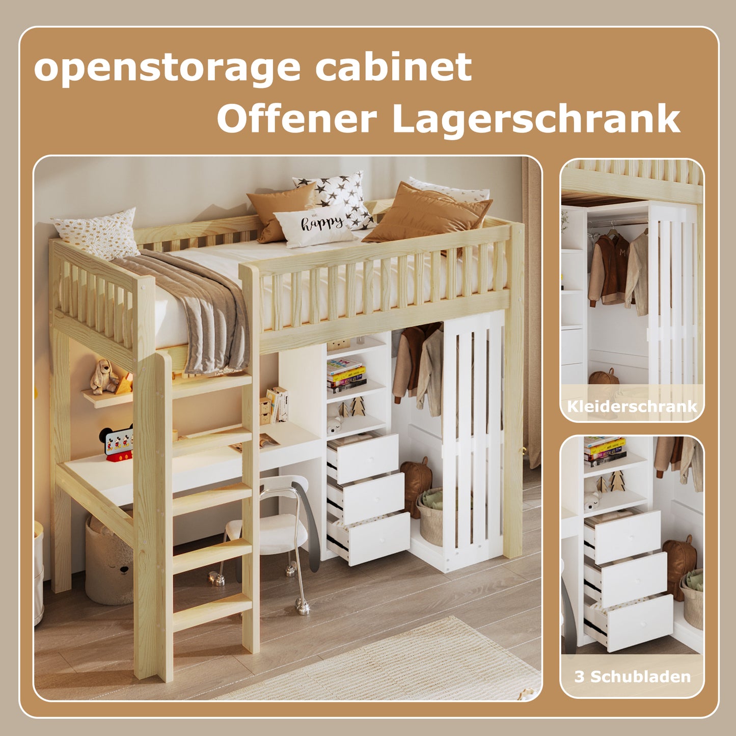 Loft Bed, 90x200cm , Desk, Wardrobe, 3 Drawers, Open Storage Space, Railing, Stairs, Without Mattress, Natural