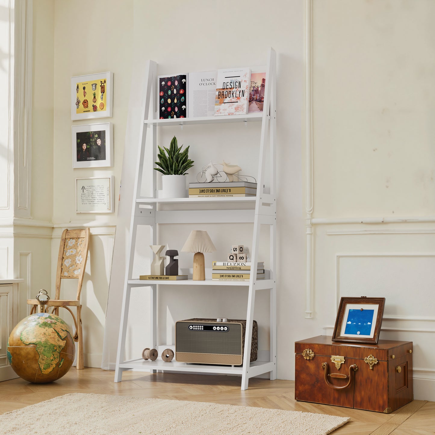 Ladder Bookshelf Display Rack, Bookshelf Organizer, 4 Layer Bookcase, Floor Standing Bathroom Storage Shelf, Open Presentation Bookcase For Home Office, White