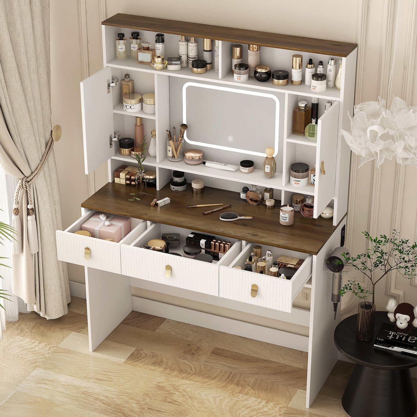 Farmhouse Dressing Table Makeup Table, 43 Wide Dressing Table With Lighted Mirror And Makeup Drawer, Large Modern Dressing Table Set With Hair Dryer Holder For Bedroom, White