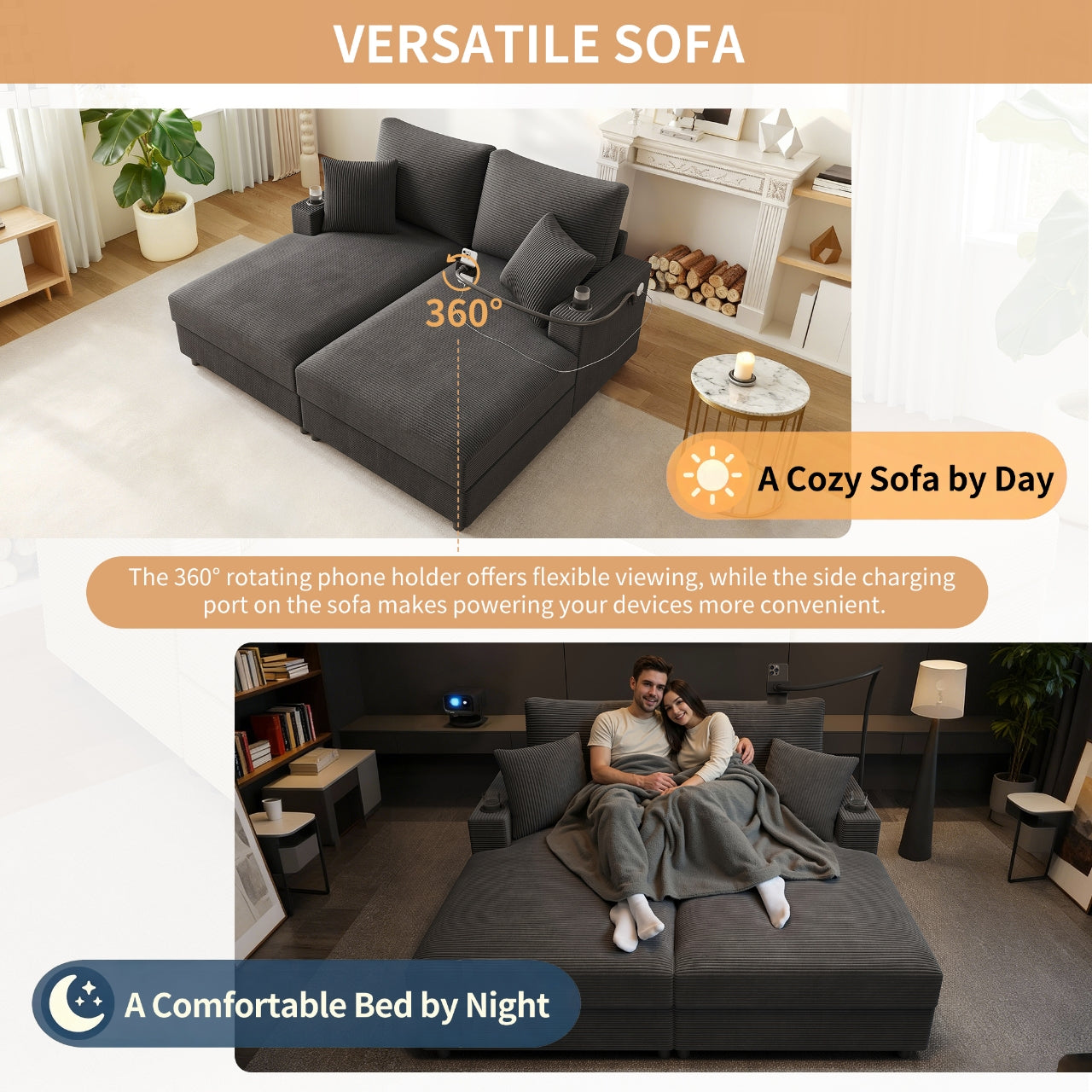 Double Sofa Bed With Sleeping Function, Padded Lying Surface, Mobile Phone Holder, USB Port And Cup Holder. Suitable For Living Room, Bedroom Or Home Theater. Gray.
