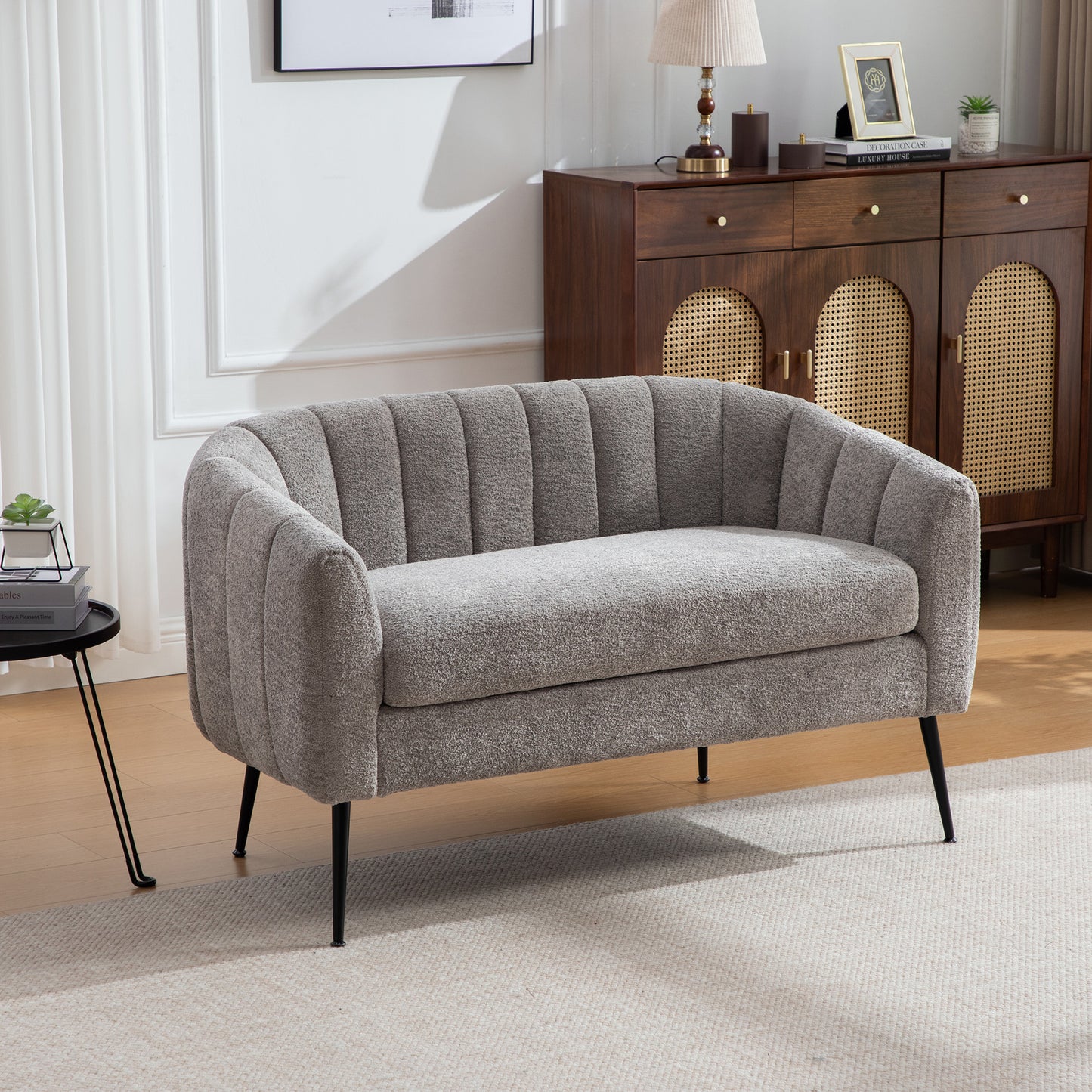 Chenille Upholstered Mini Reclining Sofa Accent Sofa, Modern Gloss Two-Seater Sofa With Metal Legs & Grooved Upholstery, For Living Room, Bedroom, Office, Small Rooms, GRAY