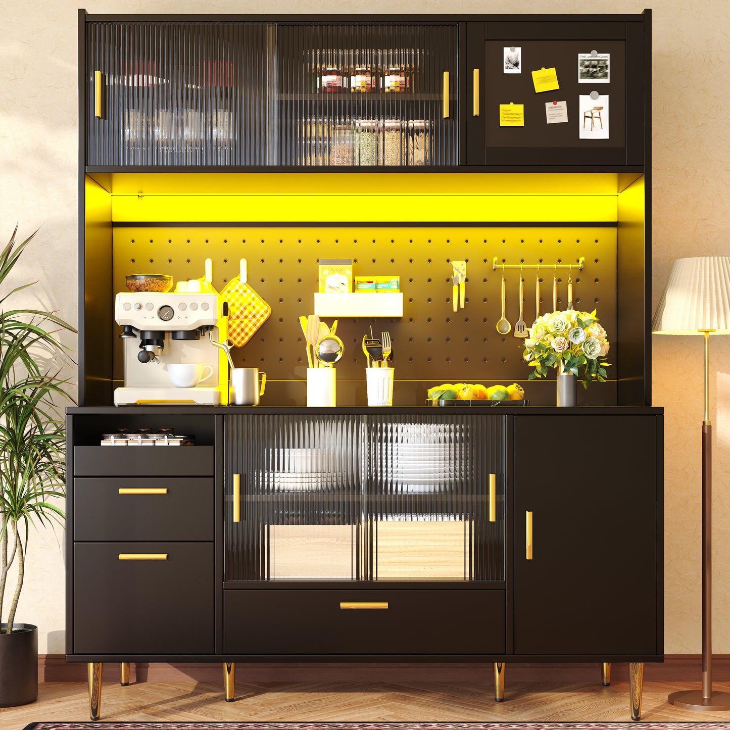 Tall Cabinets For The Living Room 140x40x180cm , Kitchen Cabinet, Dining Room Cabinet, Cabinets With LED Lighting, Magnetic Door Panels, Tall Cabinet With Pegboard Shelves, Black