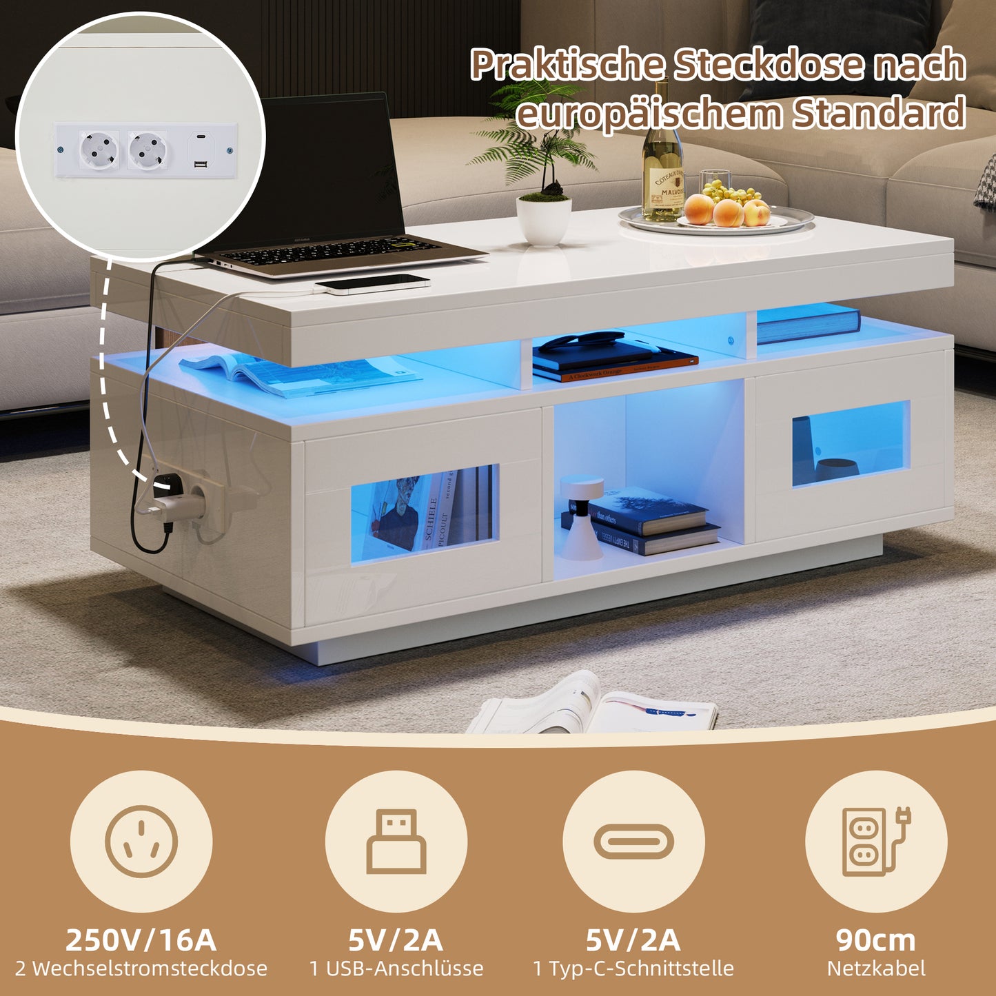 High-gloss White Coffee Table With App-controlled LED Lights, Living Room Table With Storage Cabinet, Sofa Table With Charging Port And Power Outlet Suitable For Offices And Studies.