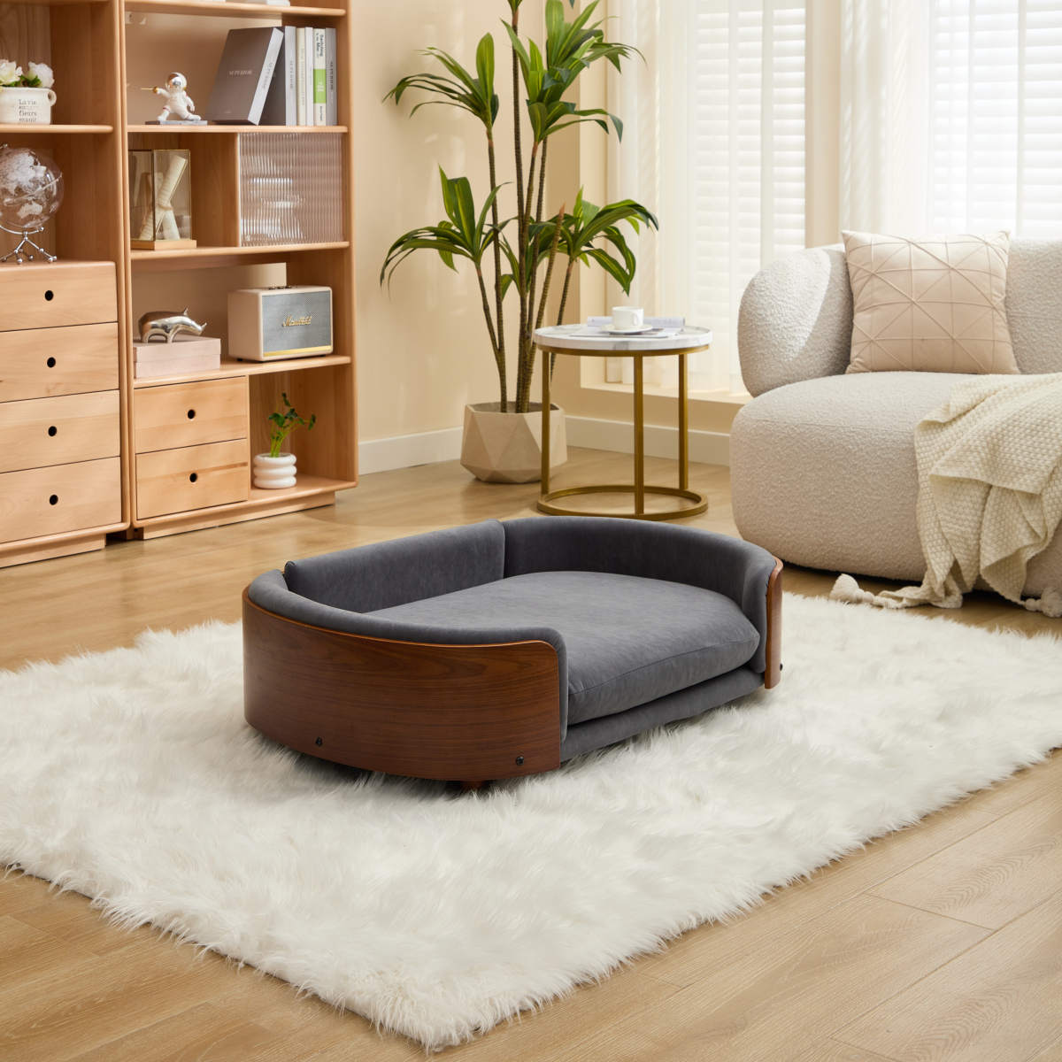 Scandinavian style Elevated Dog Bed Pet Sofa With Solid Wood legs and Walnut Bent Wood Back, Velvet,Large Size
