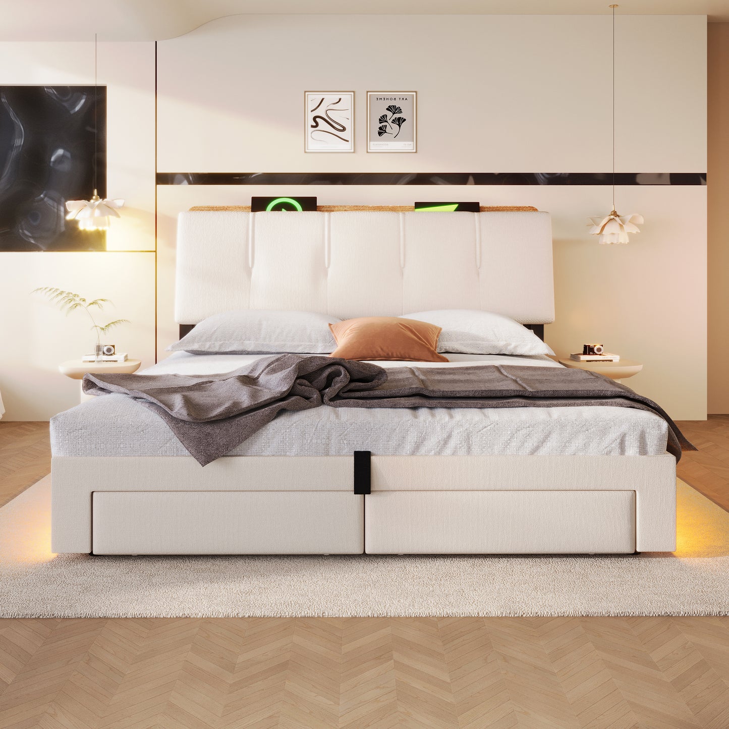 Upholstered Bed, 140x200 Cm, Hydraulic Storage, With USB Type-C Charging Function,Without Mattress,Multifunctional Storage, LED Lighting, Push-button Appdien, Linen, Beige