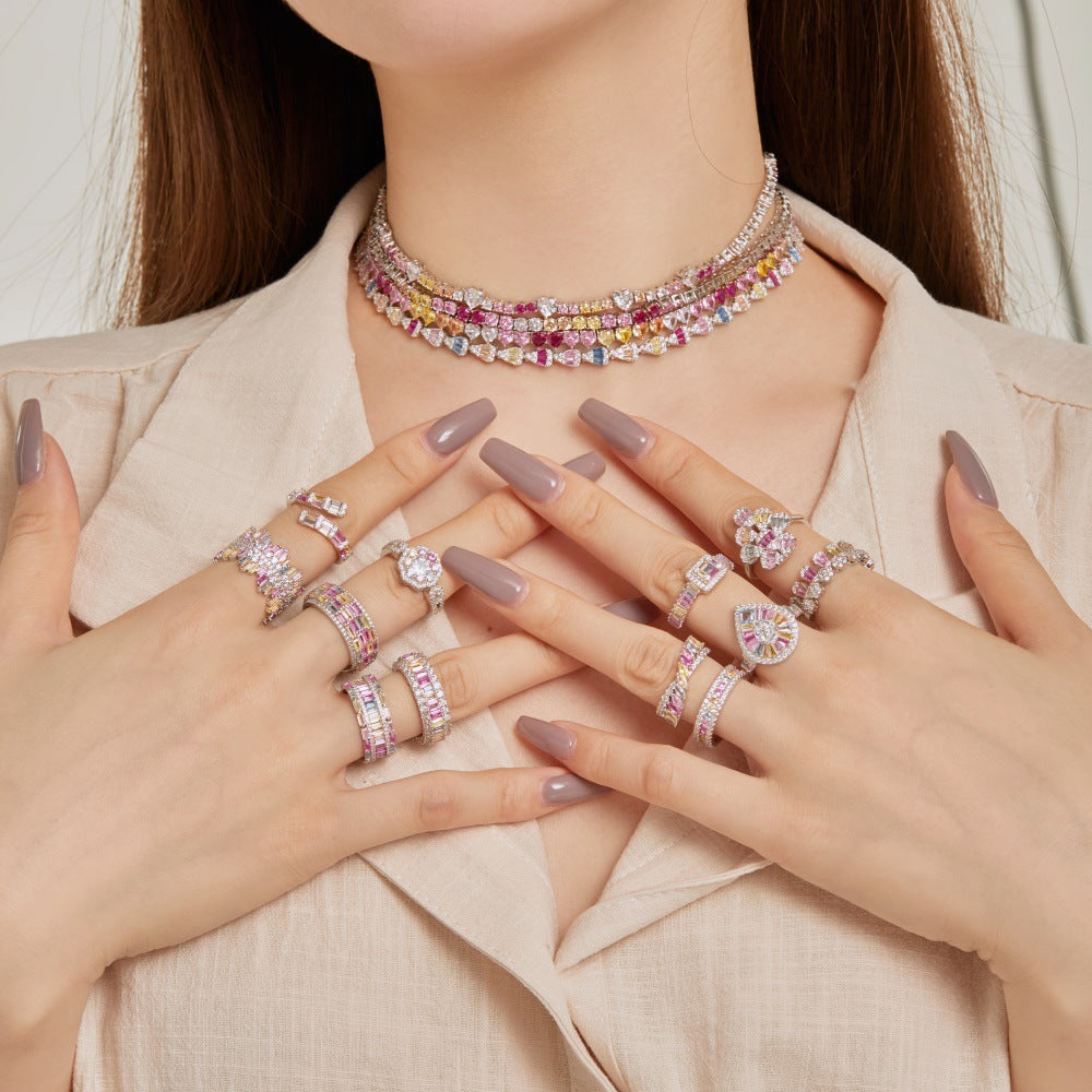 Women's Korean-style INS-style S925 Sterling Silver Open Ring Symmetrical Color Zirconium Inlaid