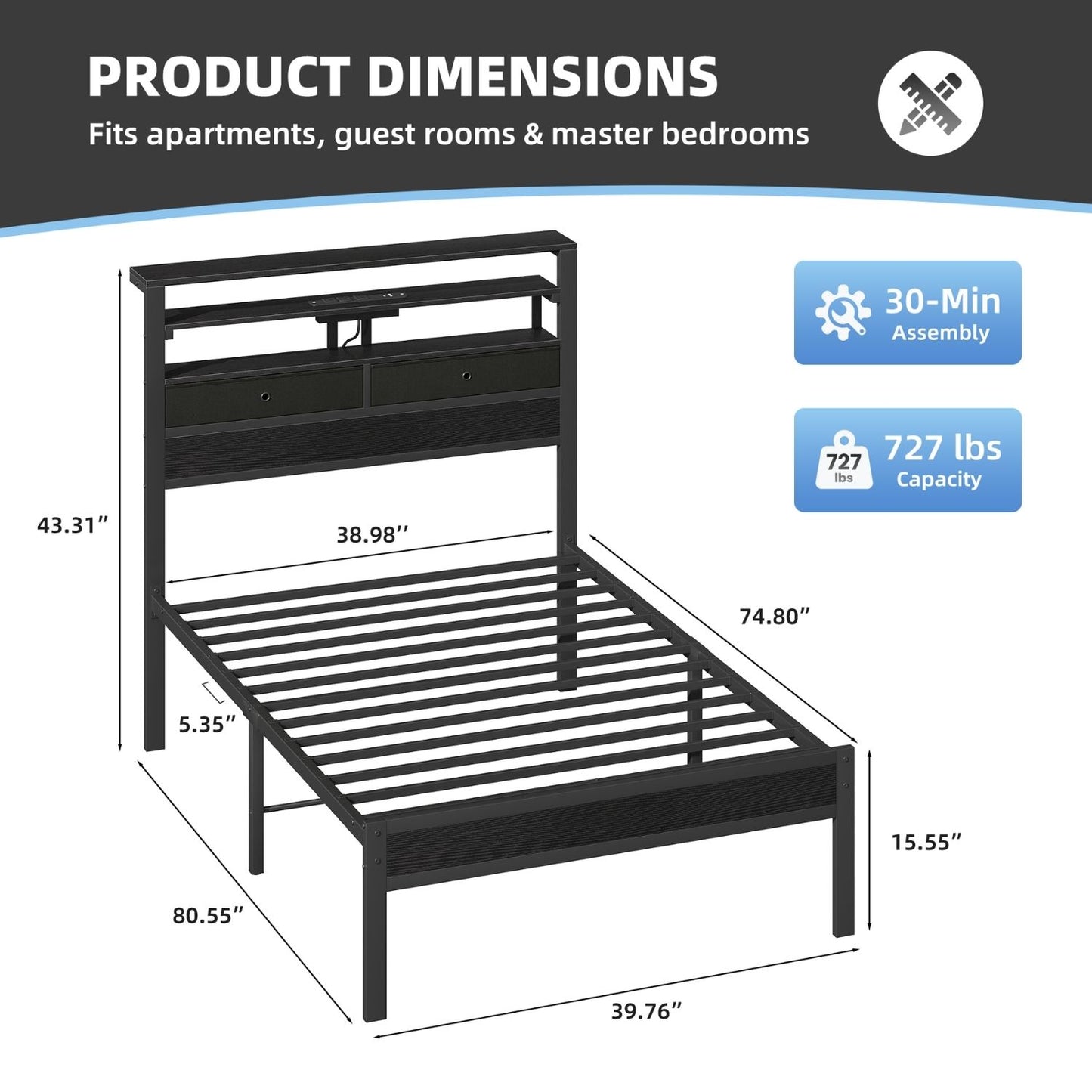 Full Bed Frame With Charging Station And LED Lights, Wood Headboard, 2 Fabric Drawers And Storage Shelves, Metal Slats, No Box Spring Needed