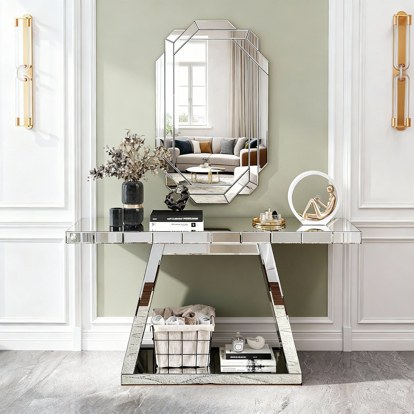 55.9 Modern Luxe Full-Body Mirror Entryway Table With Trapezoid Base -360 Reflective Console Table, Sturdy Wooden Frame, Scratch-Resistant Design & Open Storage For Hallway, Living Room, Staircase