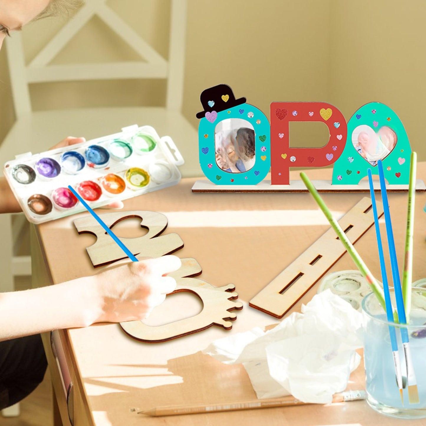 24-piece DIY Wooden Sign Gift Set With “OMA OPA” Lettering, 20 Glitter Hearts, Paintbrushes, And Craft Supplies—Party Accessories Set