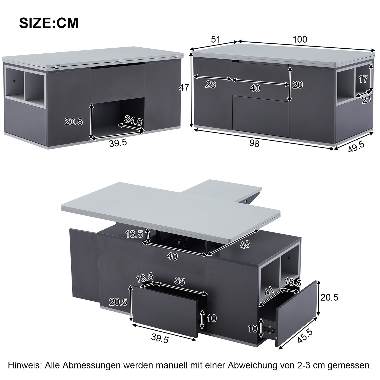 313593594GAAHebable Multifunction Coffee Table - Table Top Opens To 2 Tables, Dark Grey Light Grey, Large Capacity, Modern Living Room Furniture, Office Dining Table Side Table Multifunction Table