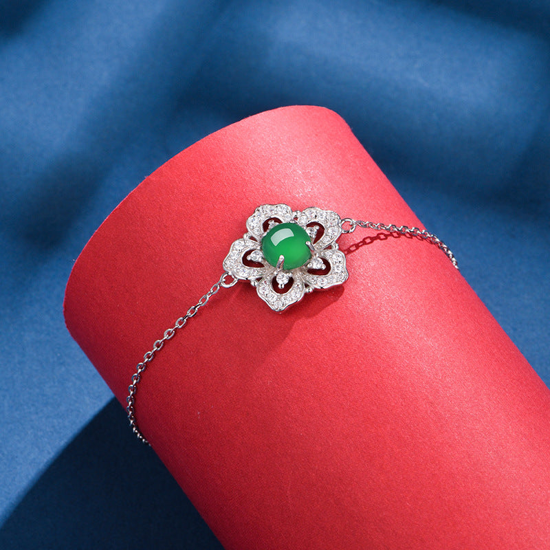 S925 Sterling Silver Flower Clover Bracelet, 6mm Round Green Chrysoprase, Platinum Plated 19cm Adjustable Chain, 2.4g Elegant Women's Jewelry Gift Box