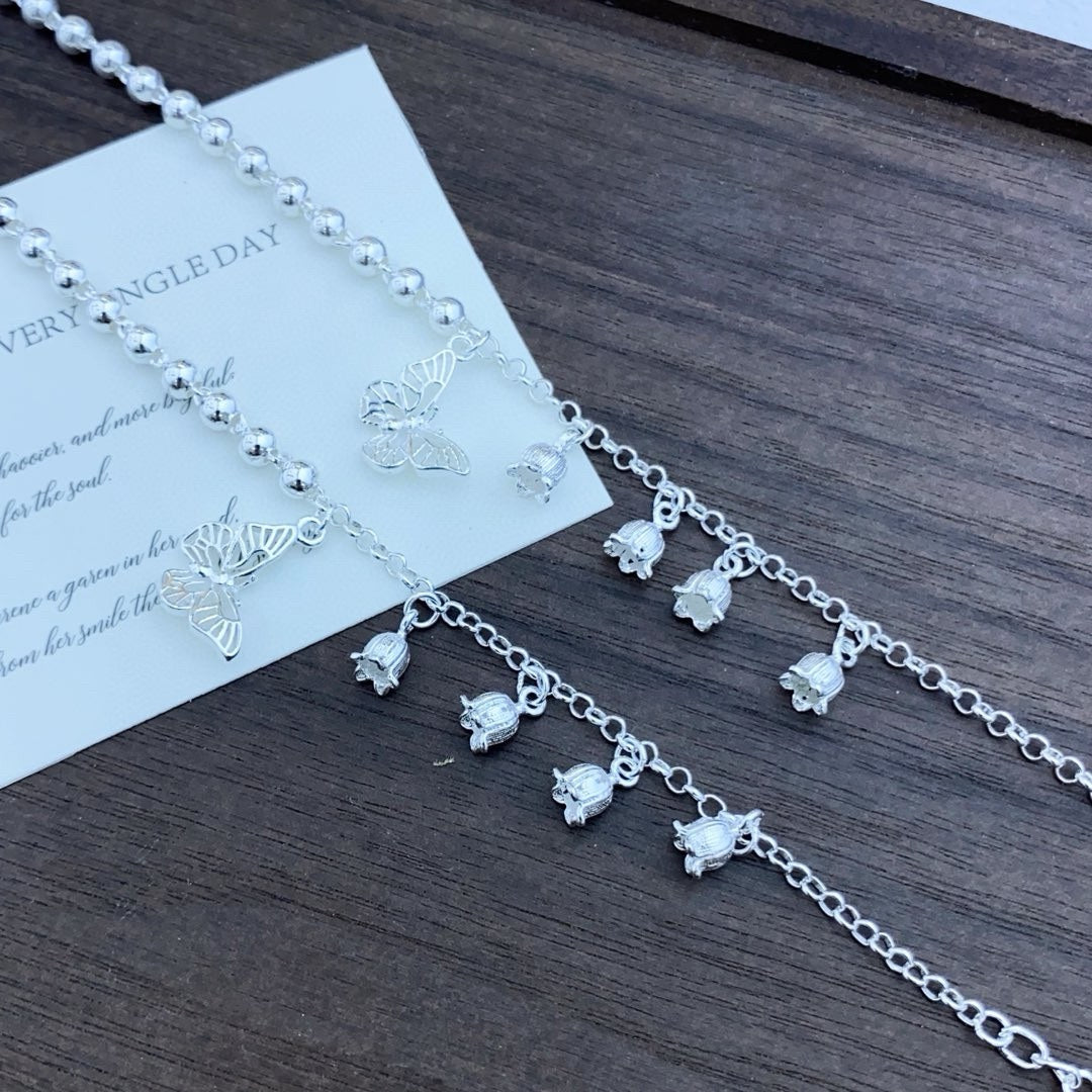 1pcs 999 Sterling Silver Beaded Bellflower & Butterfly Bracelet, Elegant Romantic Style, Ideal For Birthday & Holiday Gifts