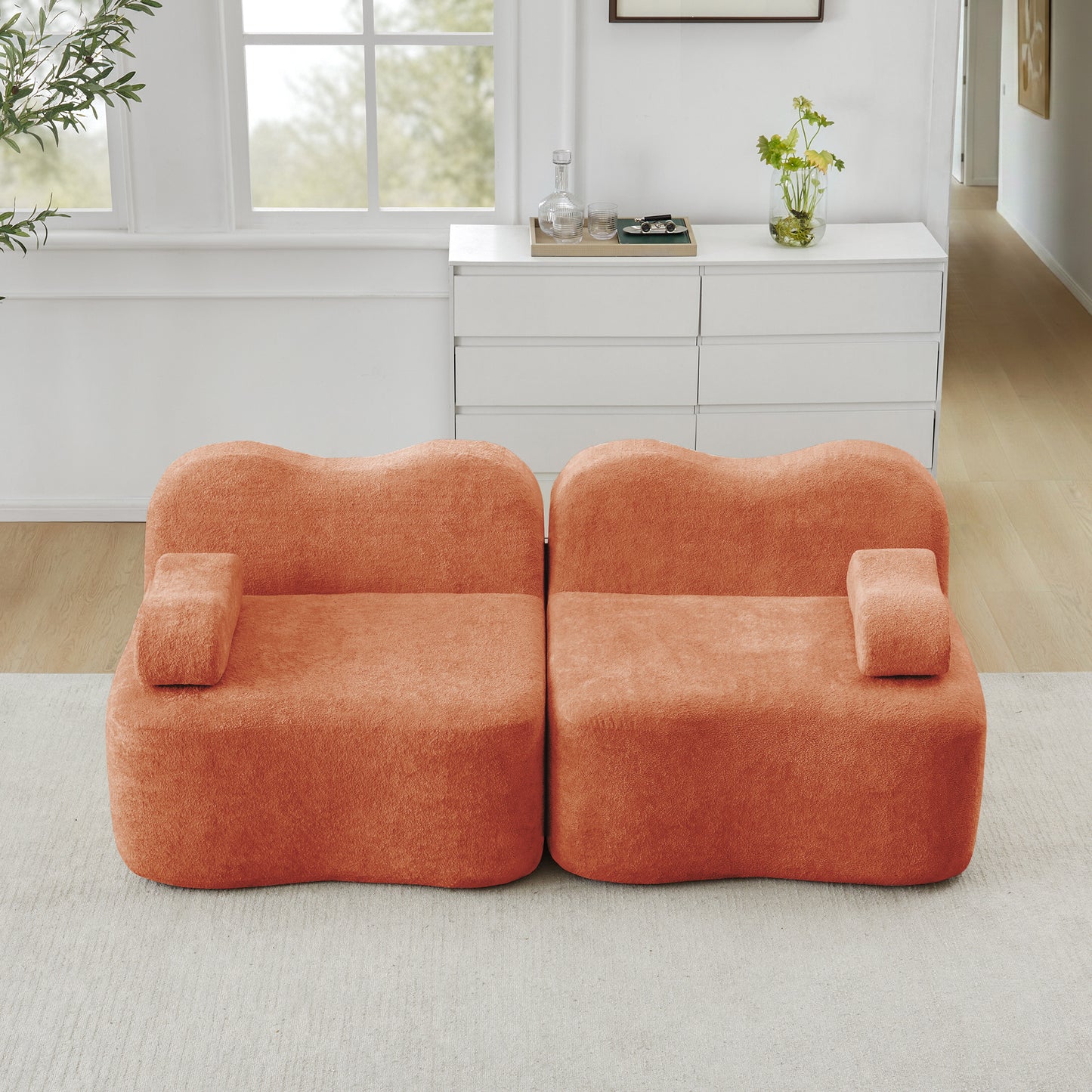 2 Seater Modular Boneless Sofa, Wave Shape, Deep Seat Cushions, Movable Armrest Cushion, For Living Room & Apartment, No Setup Required, Orange