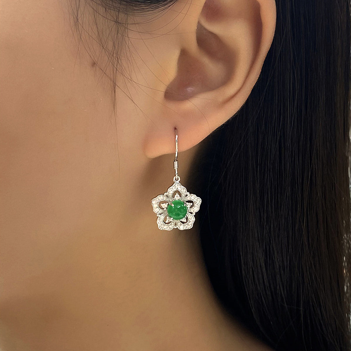 S925 Sterling Silver Flower Dangle Earrings, 6mm Round Green Chrysoprase, Platinum Plated Elegant Women's Jewelry With Gift Box