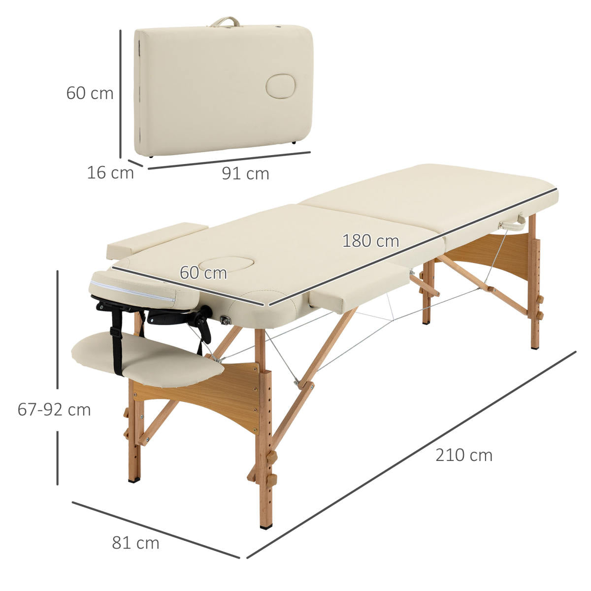 Portable Massage Bed, Folding Spa Beauty Massage Table With 2 Sections, Carry Bag And Wooden Frame, Cream