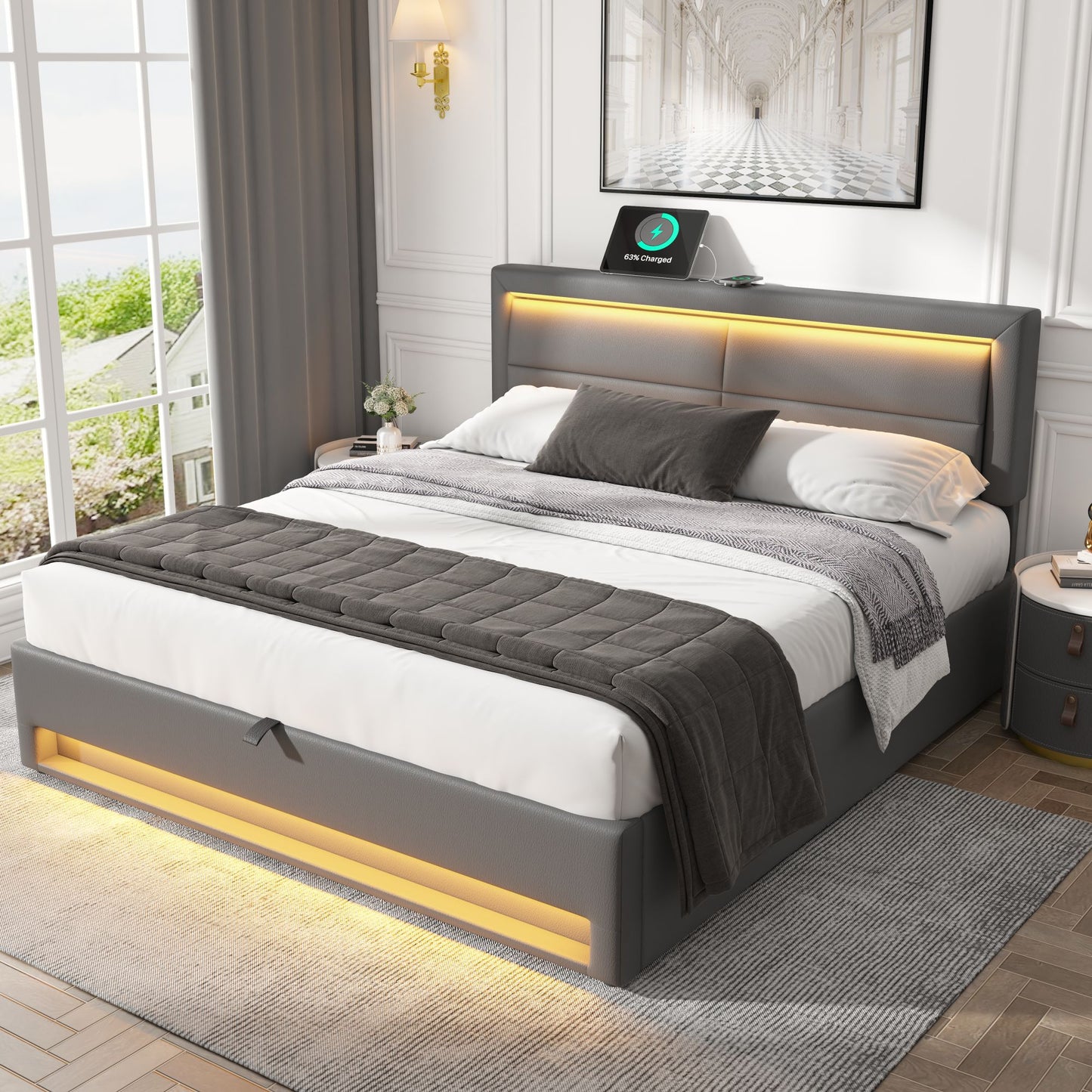 Upholstered Bed 140 X 190 Cm, With USB Port Supports Wireless And Wired Charging , With LED Lighting And Storage Space, Without Mattress, PU-Lychee Design, Grey OLD SKU 3252956AAG