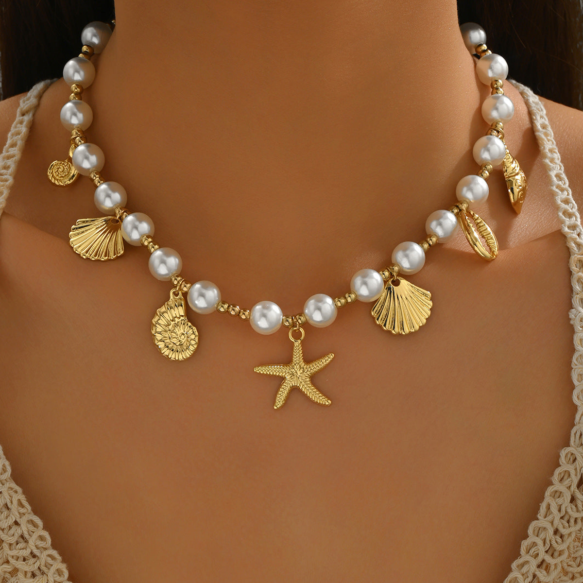 New European American Ocean Style Women Necklace, Niche Metal Pendant Chain With Starfish, Shell & Faux Pearl Design, Versatile Daily Neck Accessories