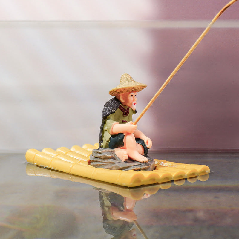 2-in-1 Floating Aquarium Decor, Interactive Floating Fish Tank Fisherman Decorations On PVC Bamboo Raft With Stable EVA Pad Buoyancy For Guppy, Small Schooling Species, Paludarium And Zen Pond