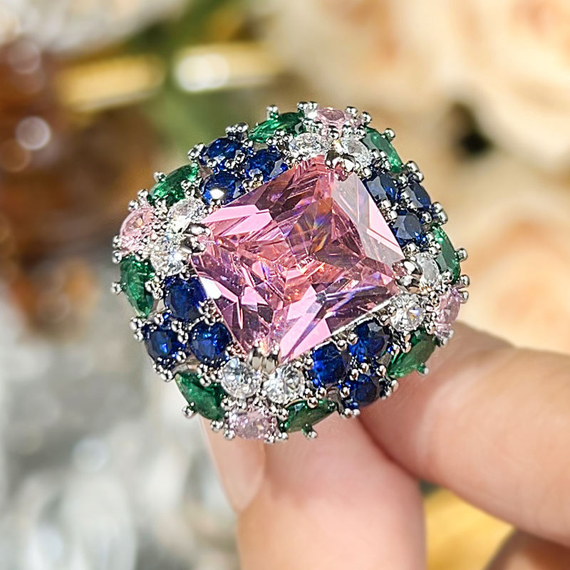 Niche Design Open Band Ring For Women, Pastel Color Series Simulated Crystal Finger Jewelry With Blush, Scarlet & Emerald Tone Stones, European American Style Accessories