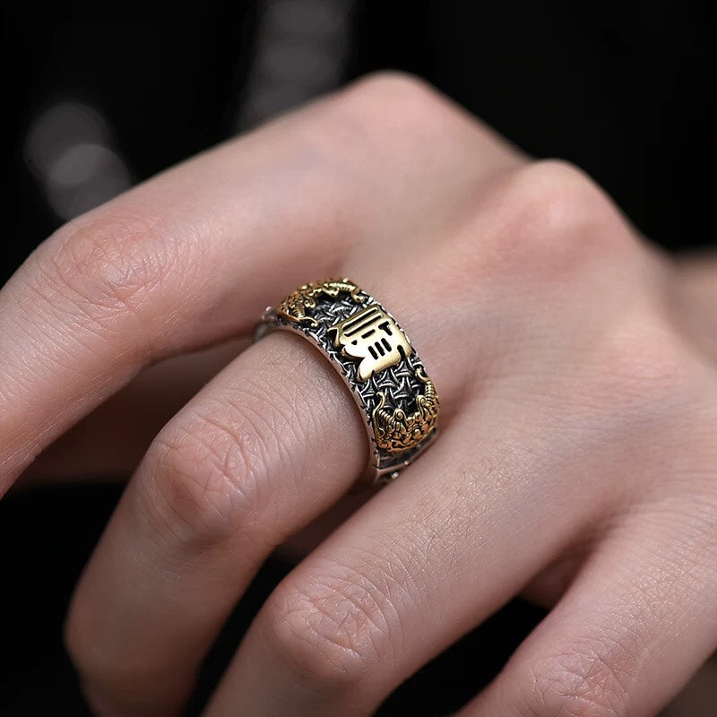 1pcs 925 Sterling Silver Vintage Two-Tone Luck Statement Ring, Chinese Amulet Style, Ideal For Birthdays & Feng Shui Gifts