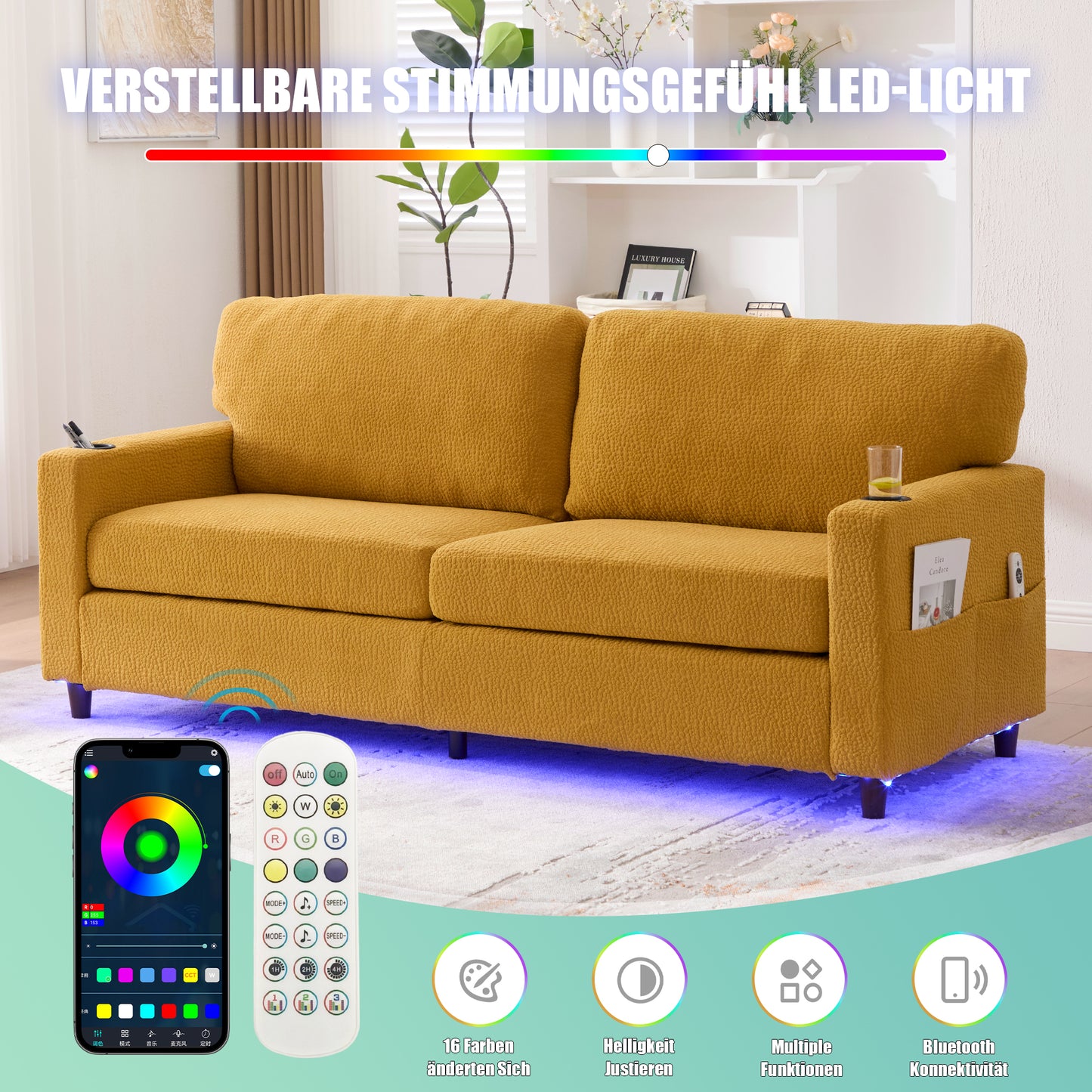 Modern 2-person Chenille Sofa With USB-C, LED Ambiance, Cup Holders And Side Pockets. Wood Metal Frame With Comfort Foam. Ideal For Living Room, Bedroom Or Office. Mustard Yellow