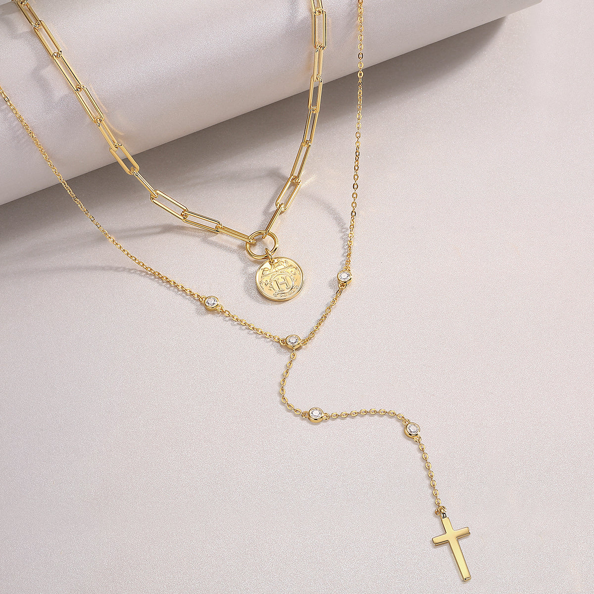 S925 Silver Gold Plated Layered Necklace, Paperclip Coin & Cross Y-Drop, 0.1ct D-VVS1 Moissanite, 14.4g Jewelry Gift Box