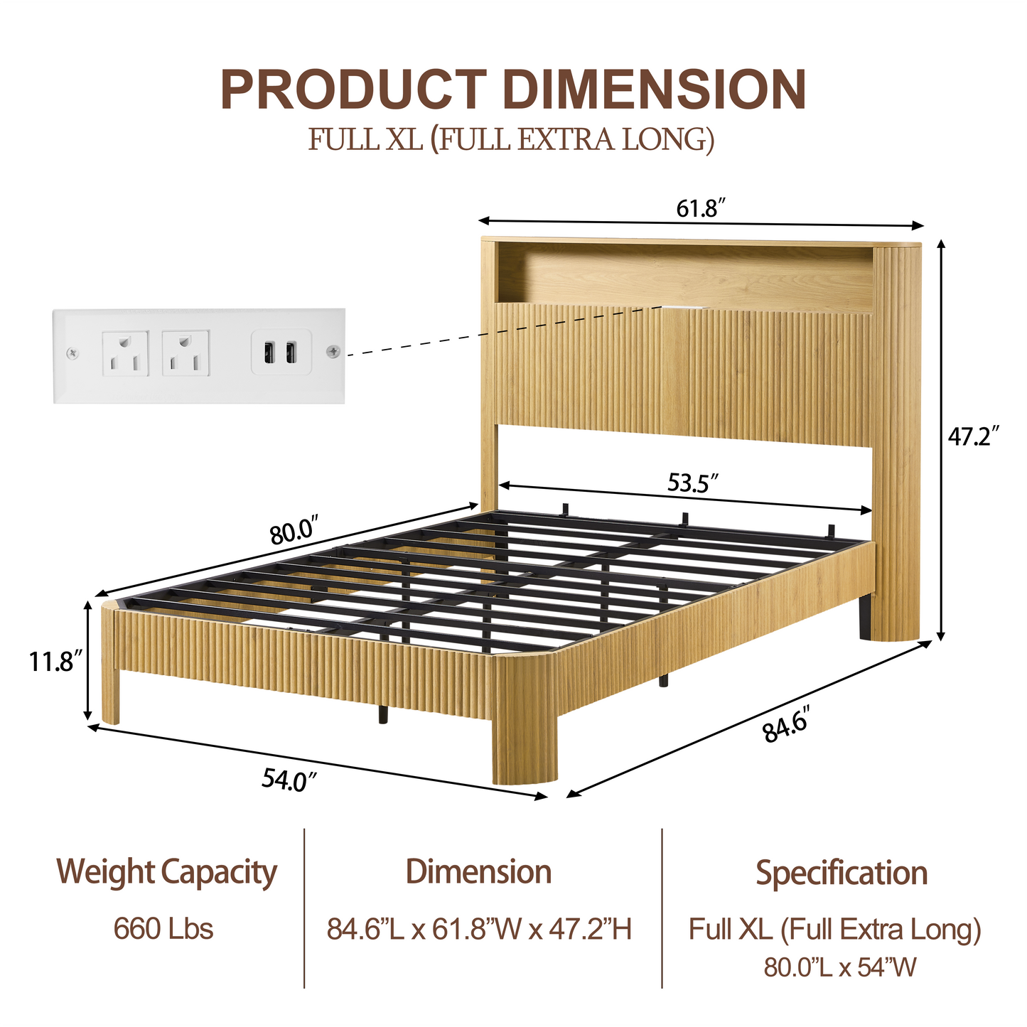 Full Extra Long Full XL Size Bed Frame With Storage Headboard, Built-in Charging Station, Wavy Curved Lines Design, Silent Operation, Metal Support, Natural