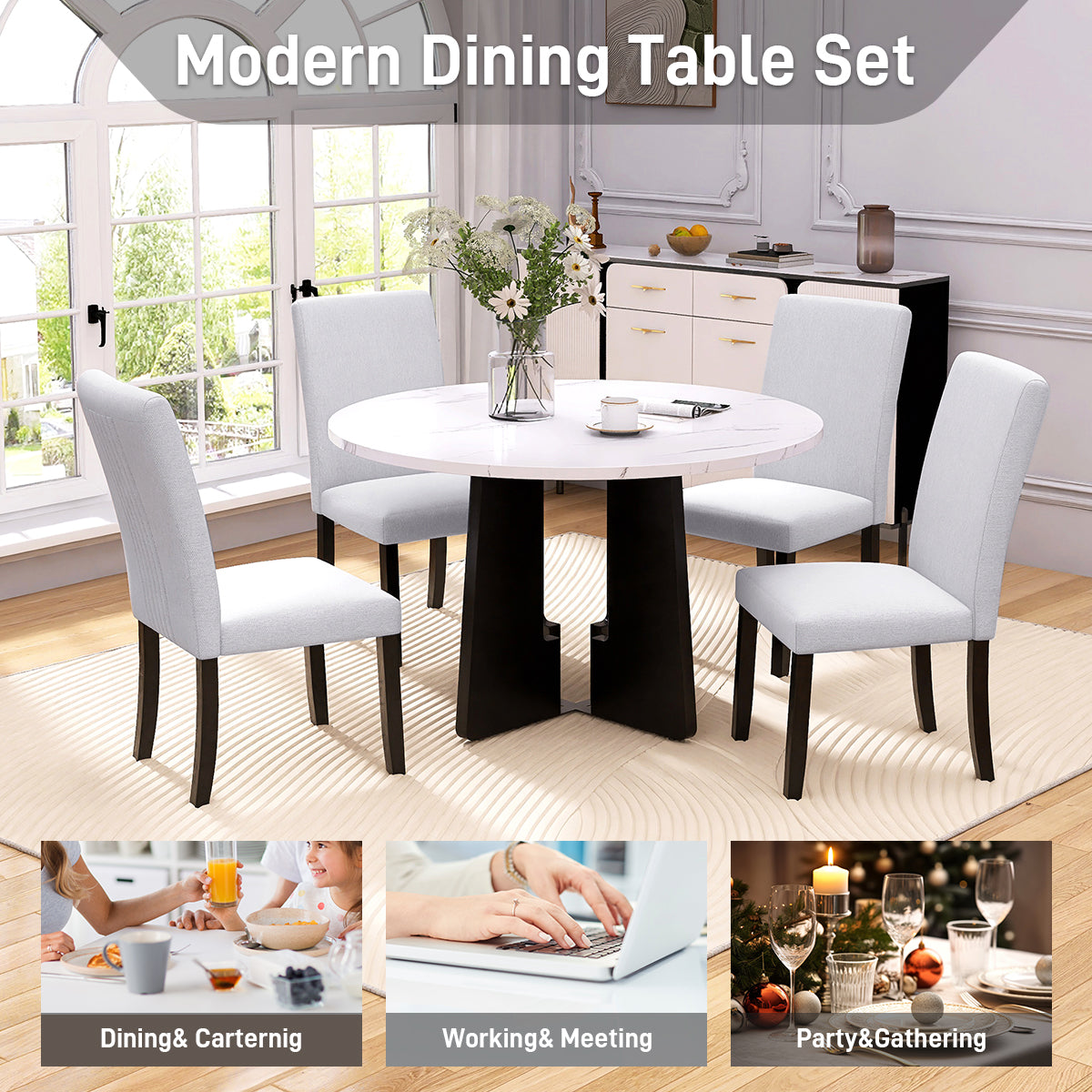 Round Dining Table For 4, 43-Inch Faux Marble Top, Mid-Century Modern Round Dining Table For Cafes, Restaurants, Bars, Home Offices And Conference Rooms White