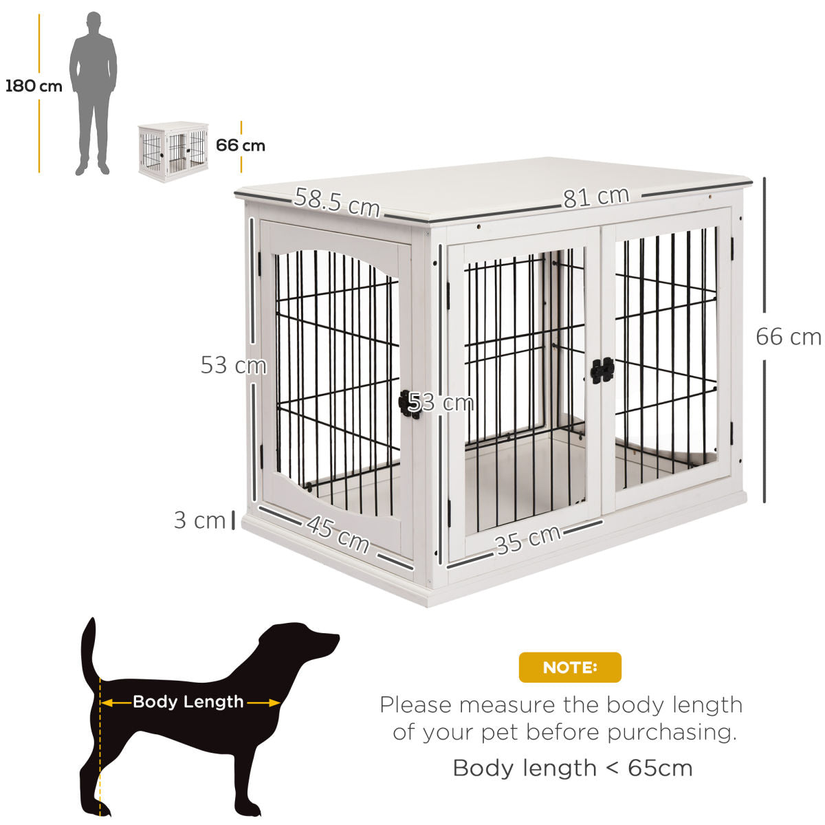PawHut Dog Crate Furniture, Puppy Crate End Table, Pet Kennel House With 2 Doors For Medium And Small Dogs, 81 X 58.5 X 66 Cm, White