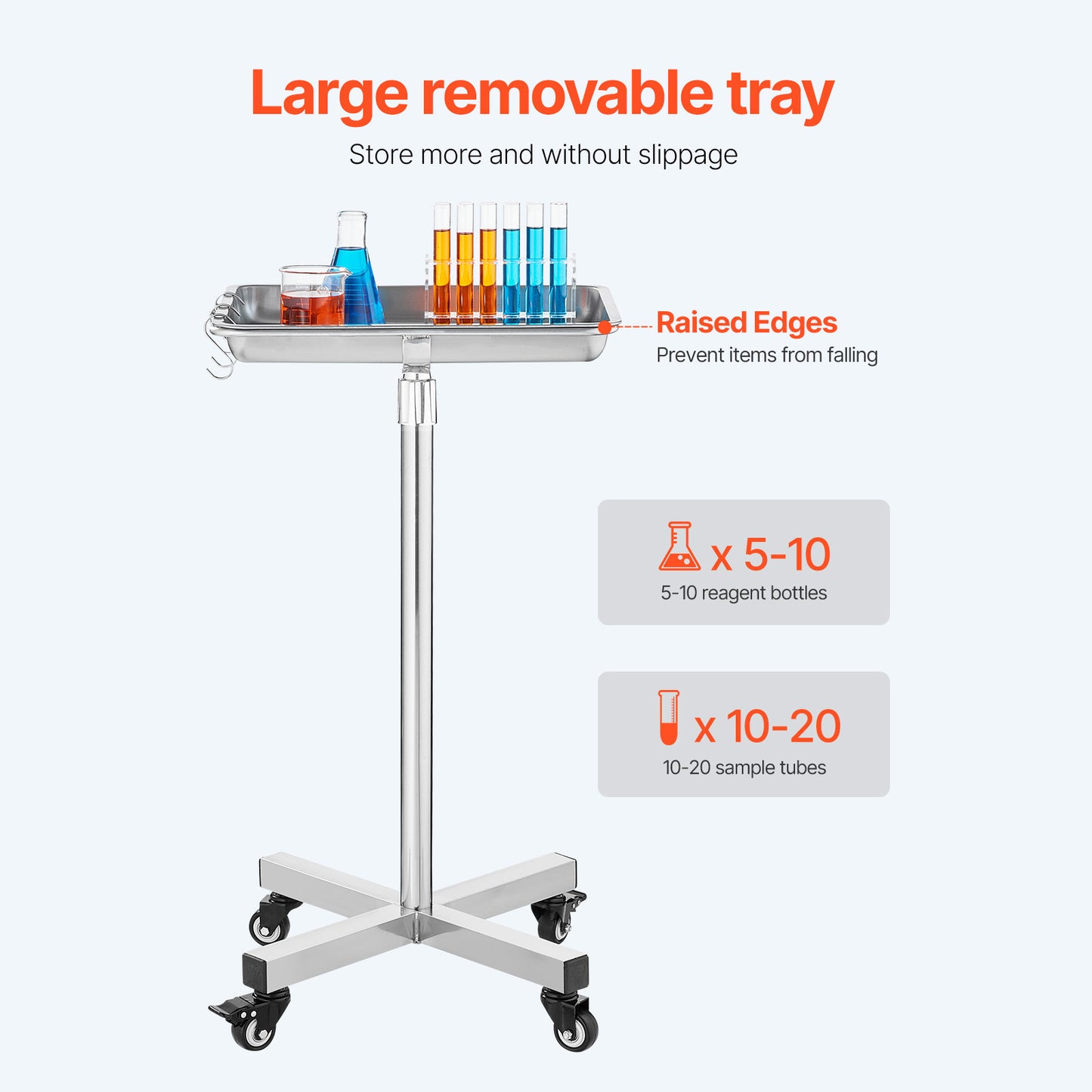 Mayo Stand, Stainless Steel Mayo Tray, Load Capacity Up To 35 Lbs, Adjustable Height 25.2-39.8, Medical Tray On Wheels With Removable Tray For Spa, Salon, Clinic, Personal Care