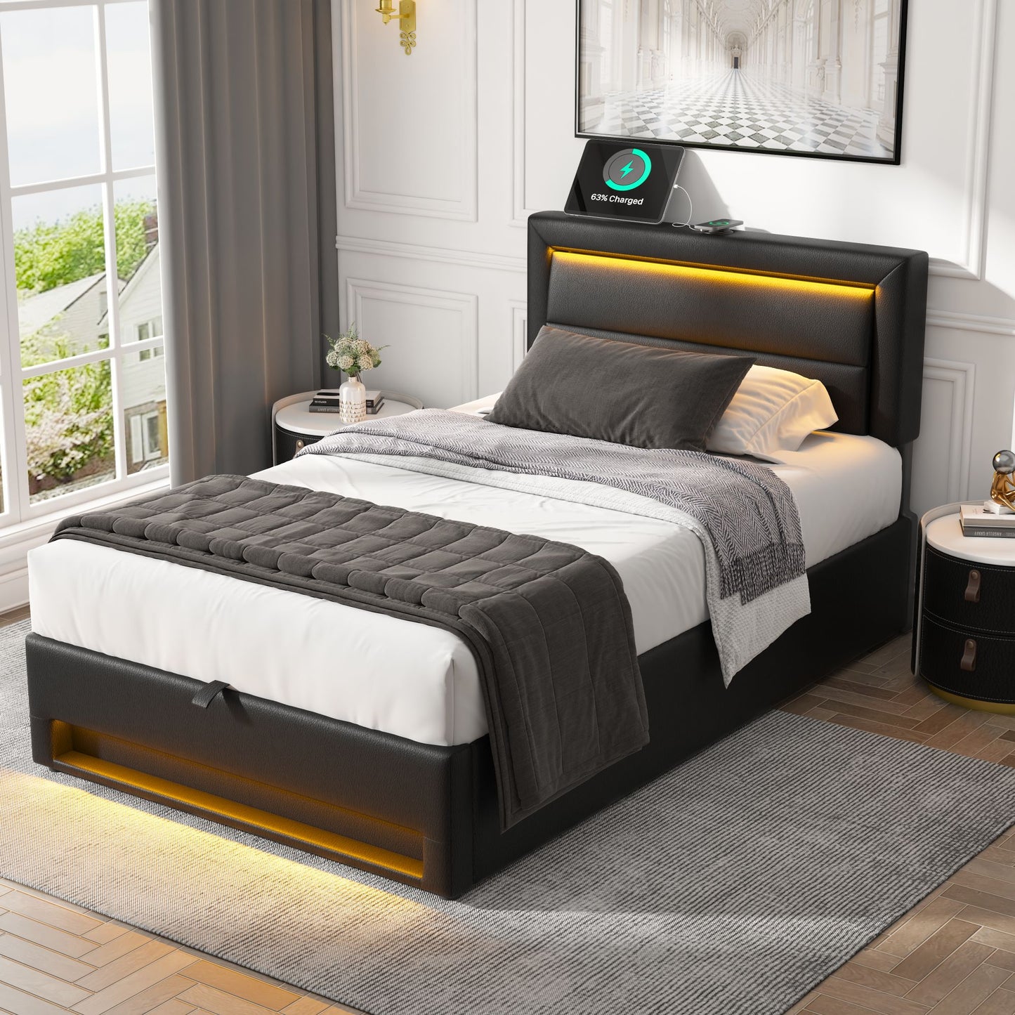 Upholstered Bed 90 X 190 Cm, With USB Port Supports Wireless And Wired Charging , With LED Lighting And Storage, Without Mattress, PU Lychee Pattern, Black