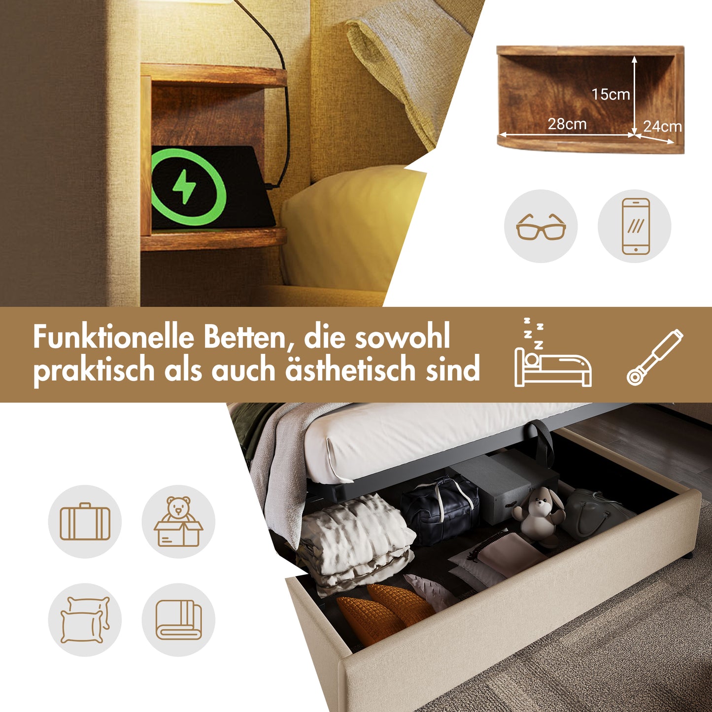 Upholstered Bed Double Bed 180x200 With Bedside Table, Reading Lamp And USB Type-C Charging Function, Bed System Storage Bed Frame With Slatted Base Made Of Solid Wood And Metal, Beige, Linen Without