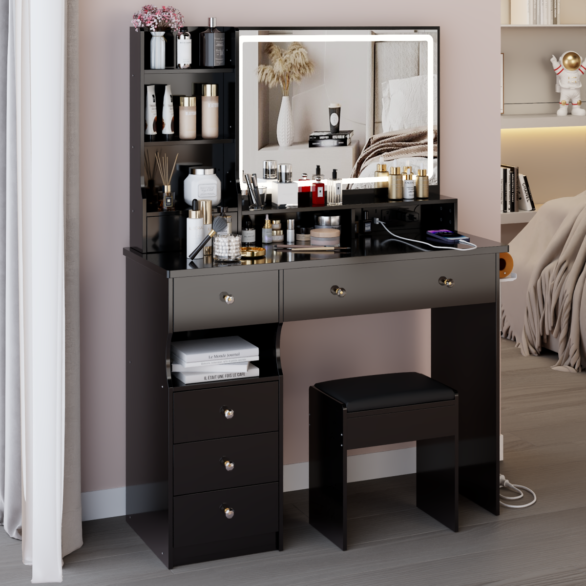 41 Large Size Left Drawer Desktop Vanity Table Cushioned Stool Dresser Set, 2 AC-2 USB Power Station, Hair Dryer Stand, Extra Large Touch Control LED Mirror, 3-color Switch, EPA, GCC, UL Certificate