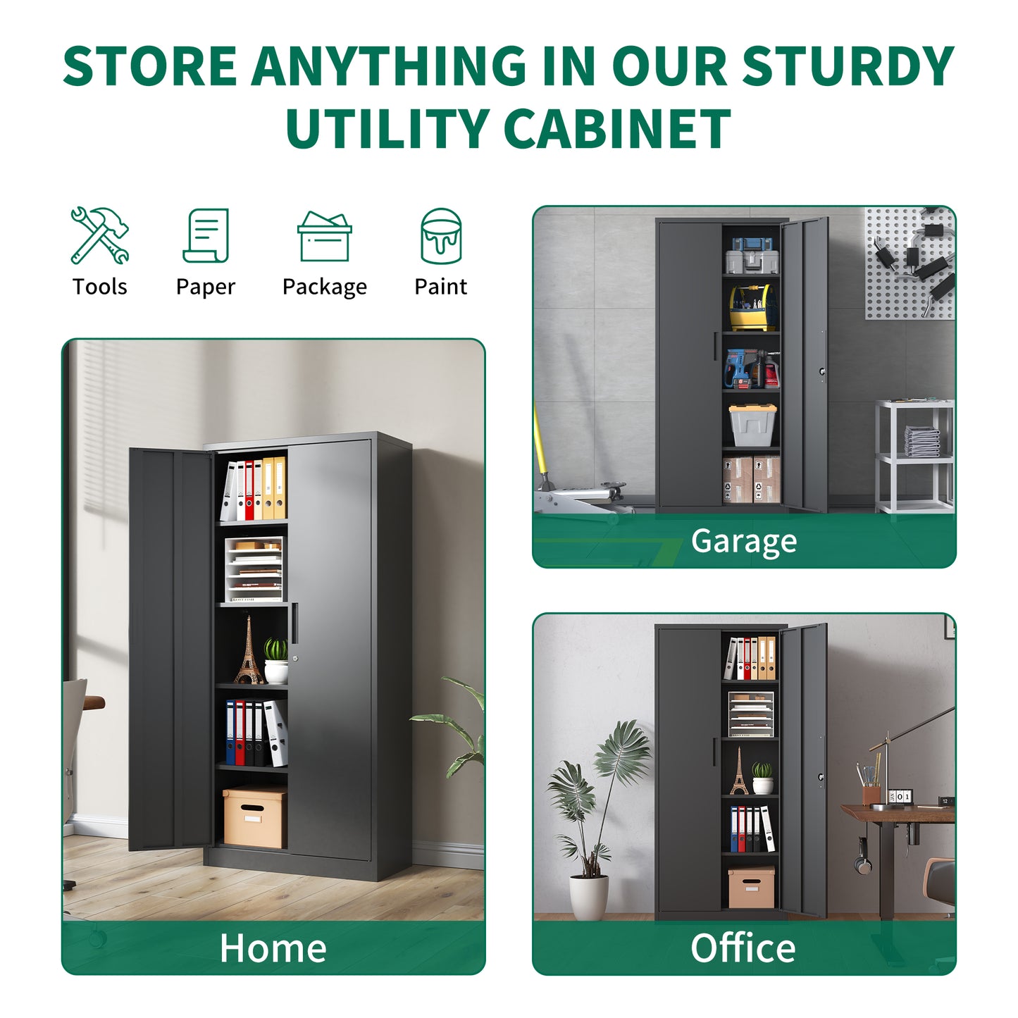 72 H Metal Garage Storage Cabinet, Black Tool Steel Locking Cabinet With Doors And 4 Shelves, Tall Cabinets For Garage Storage Systems Lockable File Cabinet For Home Office, Classroom Pantry