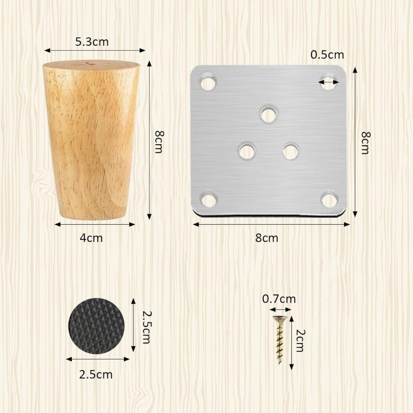 Wooden Furniture Leg Set With Installation Accessories - 4 Legs, Screws, Washers, And Metal Plates For Upgrading Furniture - Accessories For Hand Tools