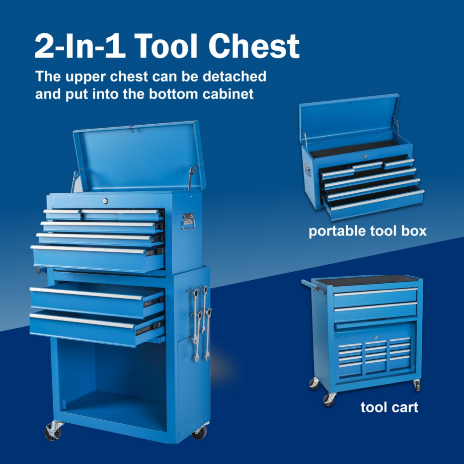 Tool Chest, 8-Drawer Rolling Tool Storage Cabinet With 2 In 1 Detachable Top Tool Box, Liner, Lockable Wheels, Side Hooks, Metal Tool Cart For Garage
