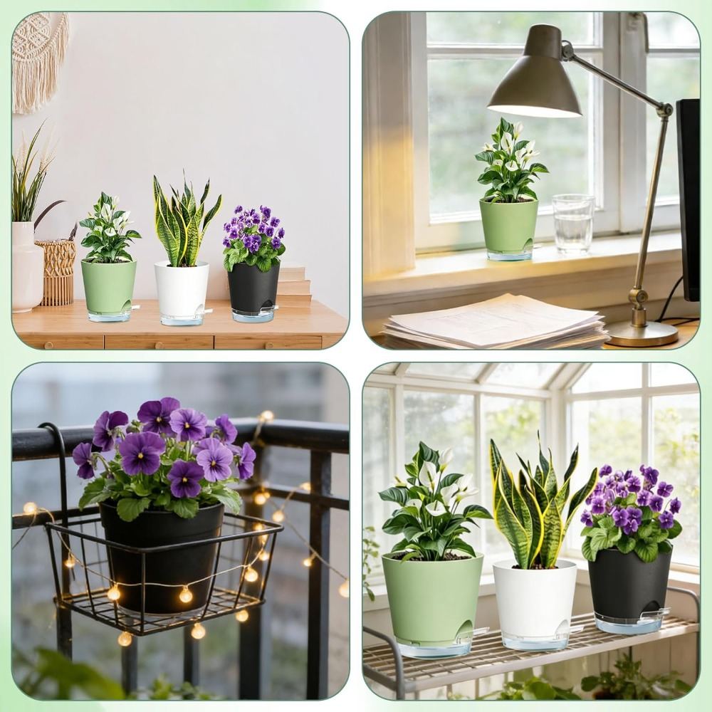 Self-watering Flower Pot – Transparent Base With Cotton Wick System, Matte Green Design, Holds Water For Up To 5 Days – Ideal For Basil, Succulents, And Snake Plants, For Indoor And Office Use